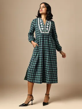 FLANNEL CHECKERED EMBROIDERED TUNIC DRESS