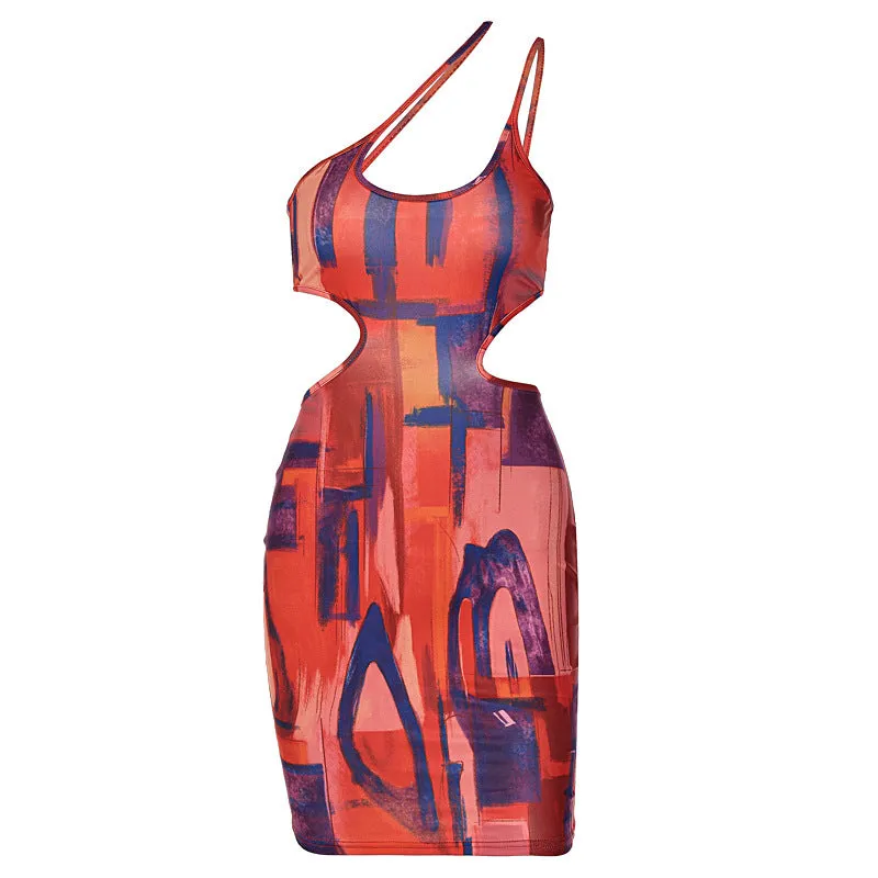 Floral Spring: Printed Hollow Out Cutout Oblique Shoulder Strap Dress