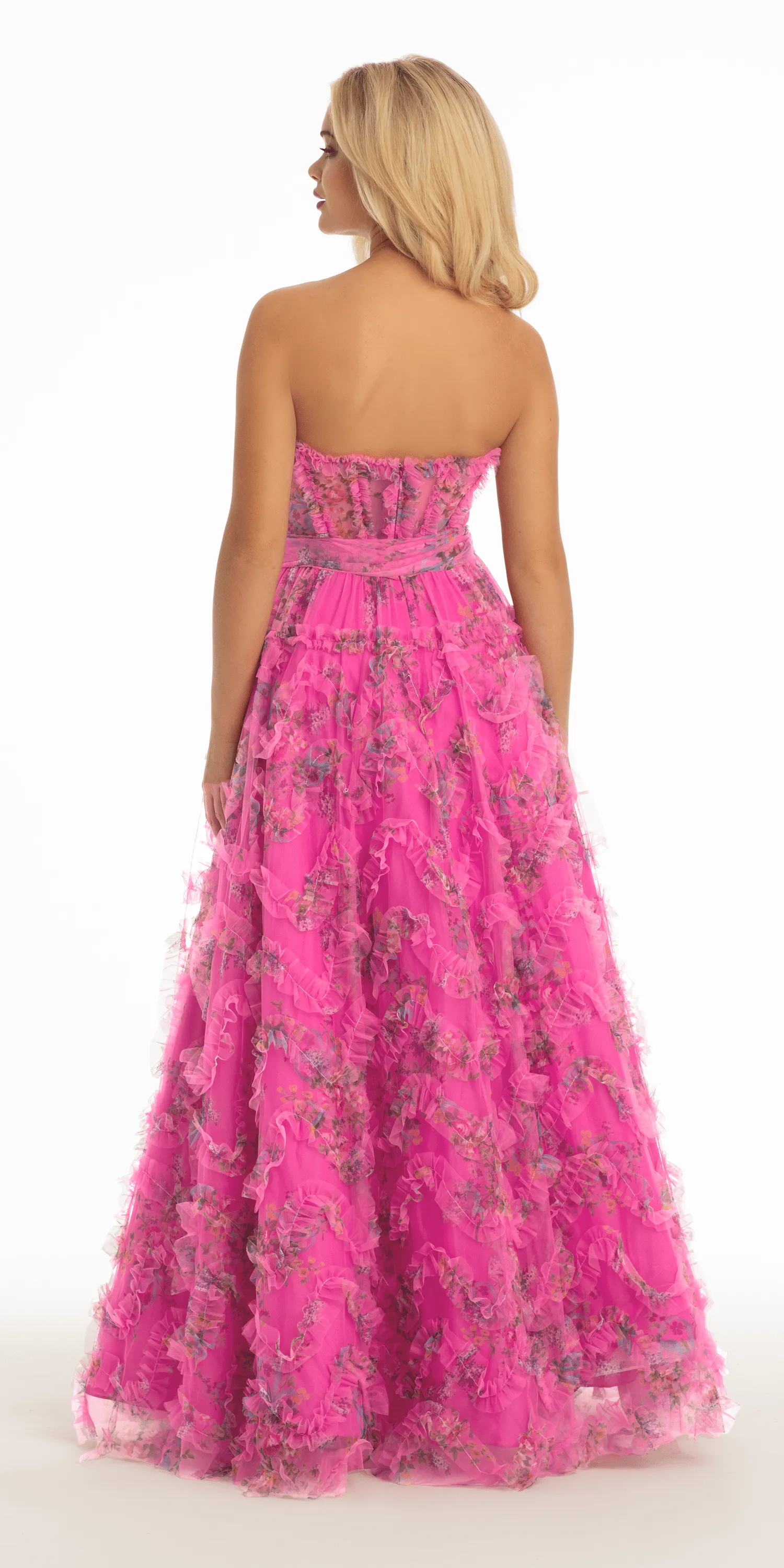 Floral Tulle Corset Ballgown with Waist Tie