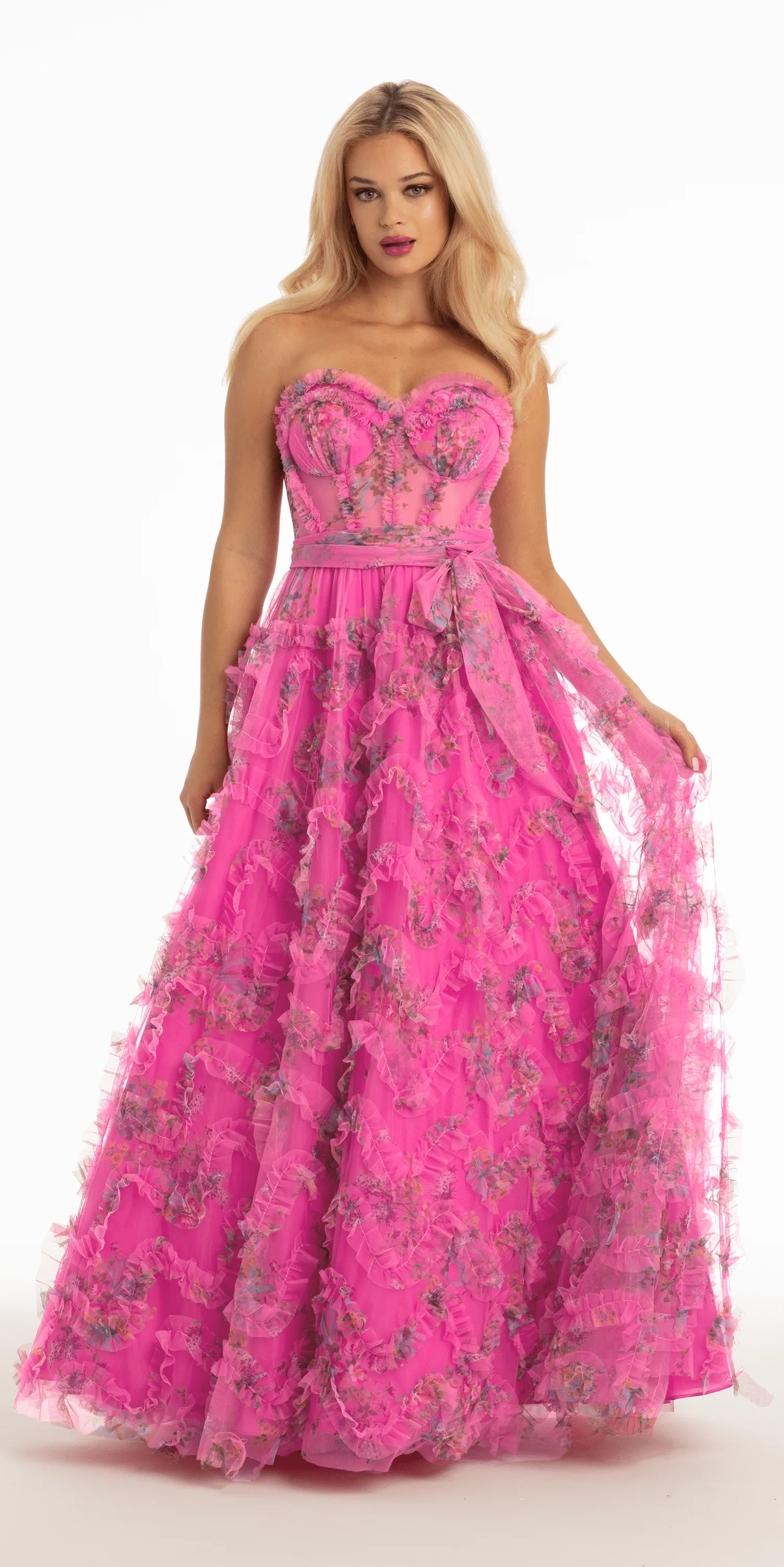 Floral Tulle Corset Ballgown with Waist Tie