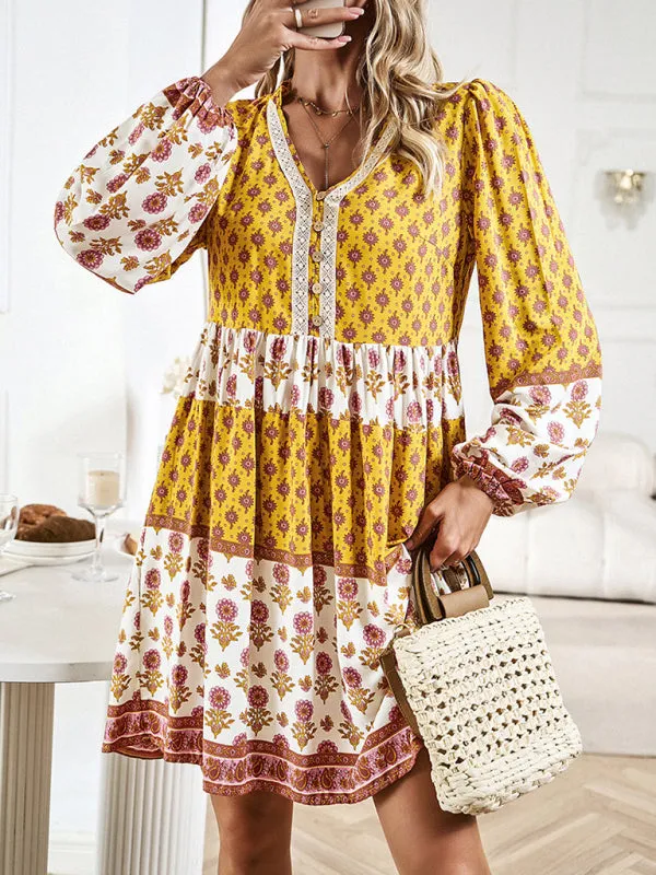 Floral V-Neck Buttons Long Sleeve Flowy Mini Dress