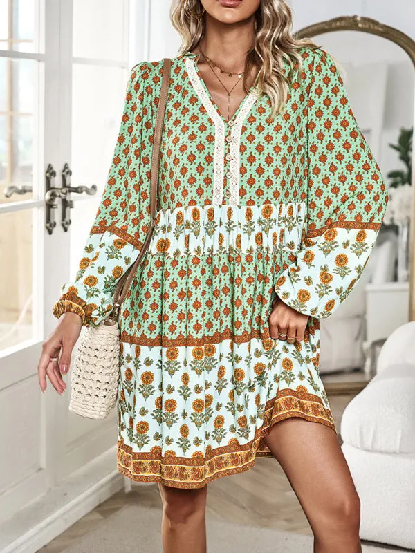 Floral V-Neck Buttons Long Sleeve Flowy Mini Dress