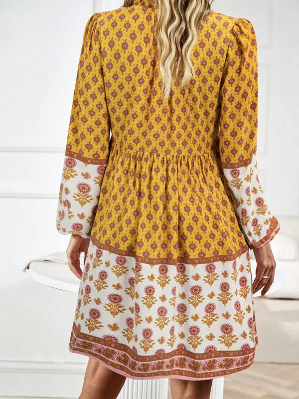 Floral V-Neck Buttons Long Sleeve Flowy Mini Dress