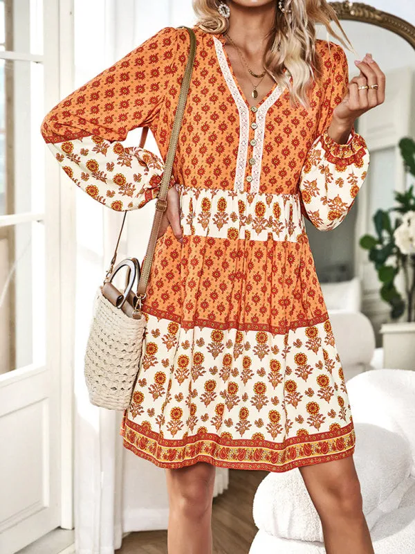 Floral V-Neck Buttons Long Sleeve Flowy Mini Dress