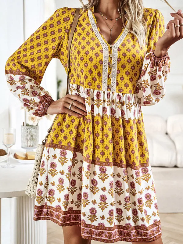 Floral V-Neck Buttons Long Sleeve Flowy Mini Dress