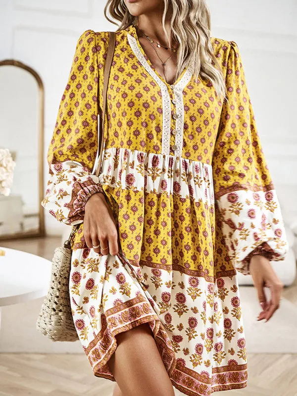 Floral V-Neck Buttons Long Sleeve Flowy Mini Dress