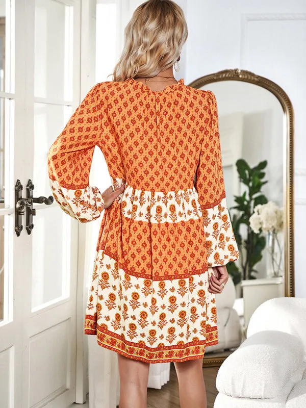 Floral V-Neck Buttons Long Sleeve Flowy Mini Dress