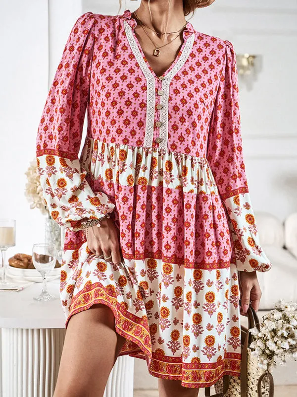 Floral V-Neck Buttons Long Sleeve Flowy Mini Dress