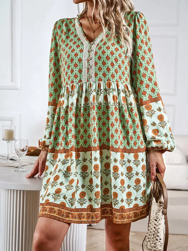 Floral V-Neck Buttons Long Sleeve Flowy Mini Dress