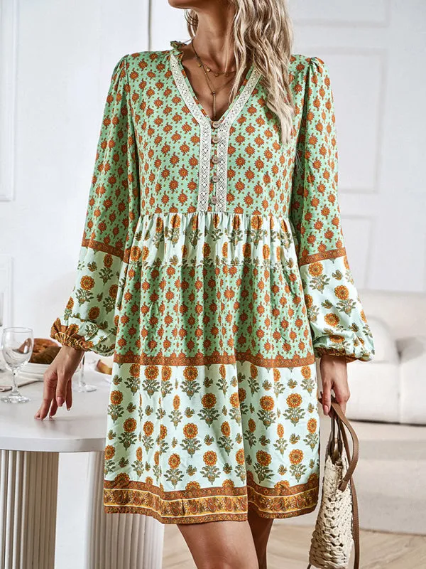 Floral V-Neck Buttons Long Sleeve Flowy Mini Dress