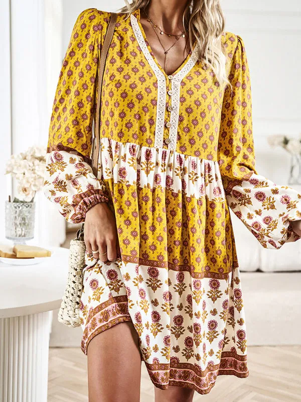 Floral V-Neck Buttons Long Sleeve Flowy Mini Dress