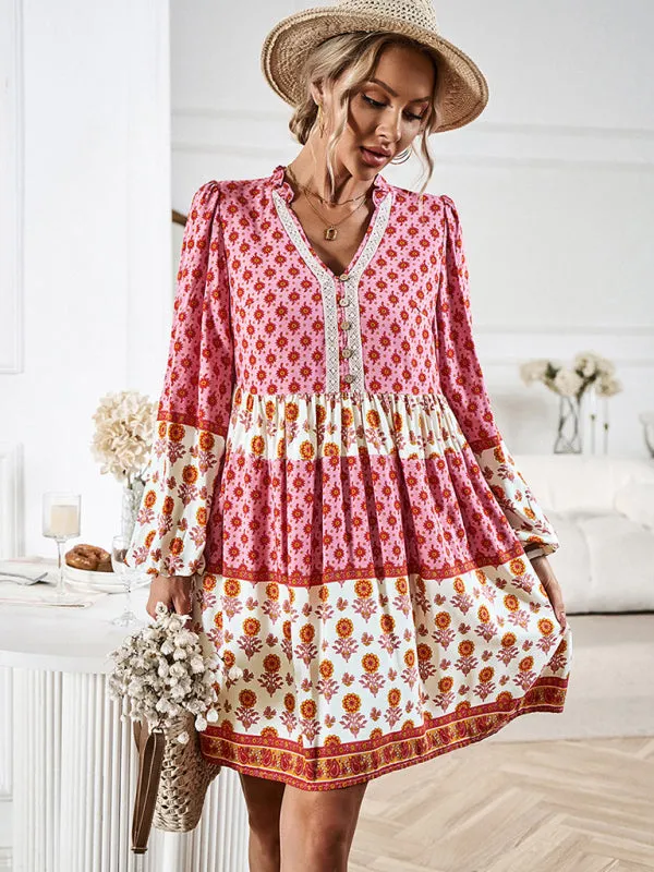 Floral V-Neck Buttons Long Sleeve Flowy Mini Dress