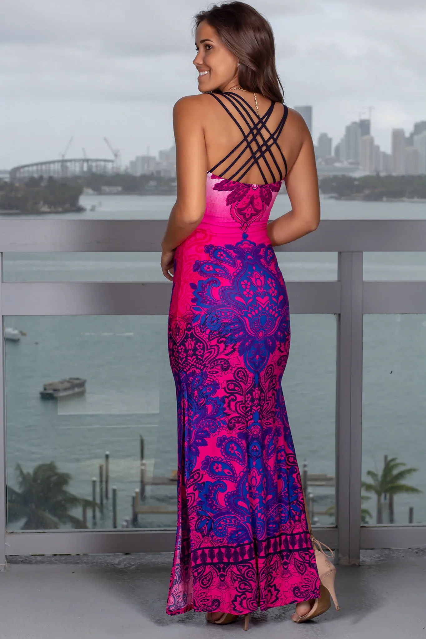 Fuchsia Printed Maxi Dress with Strappy Back