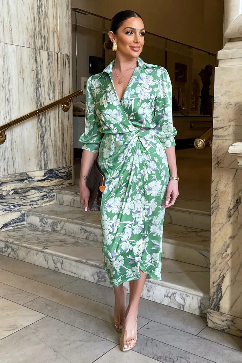 Green Floral Wrap Shirt Midi Dress