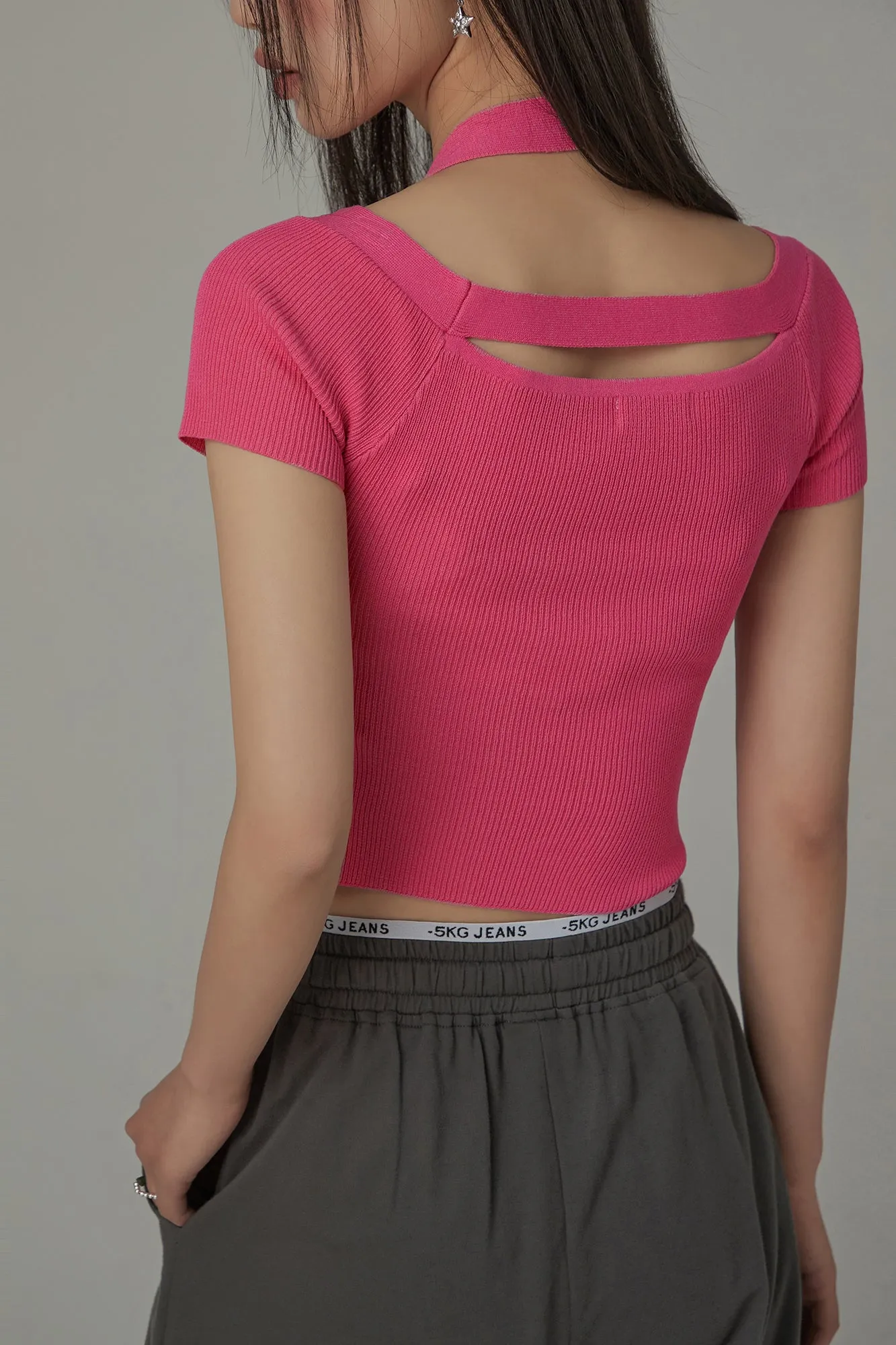 Halter Neck Banding Basic Short Sleeve Knit Crop Top