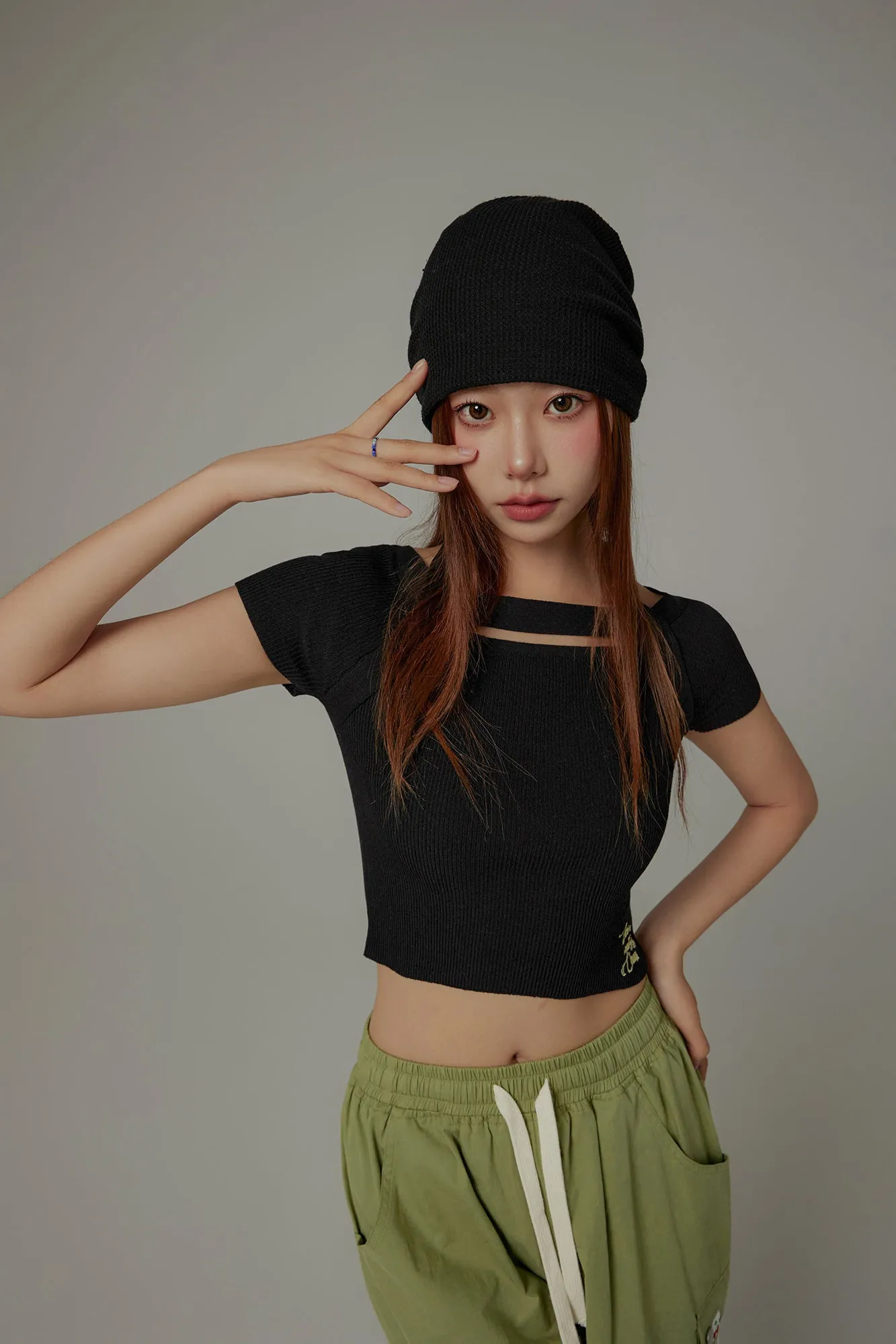 Halter Neck Banding Basic Short Sleeve Knit Crop Top