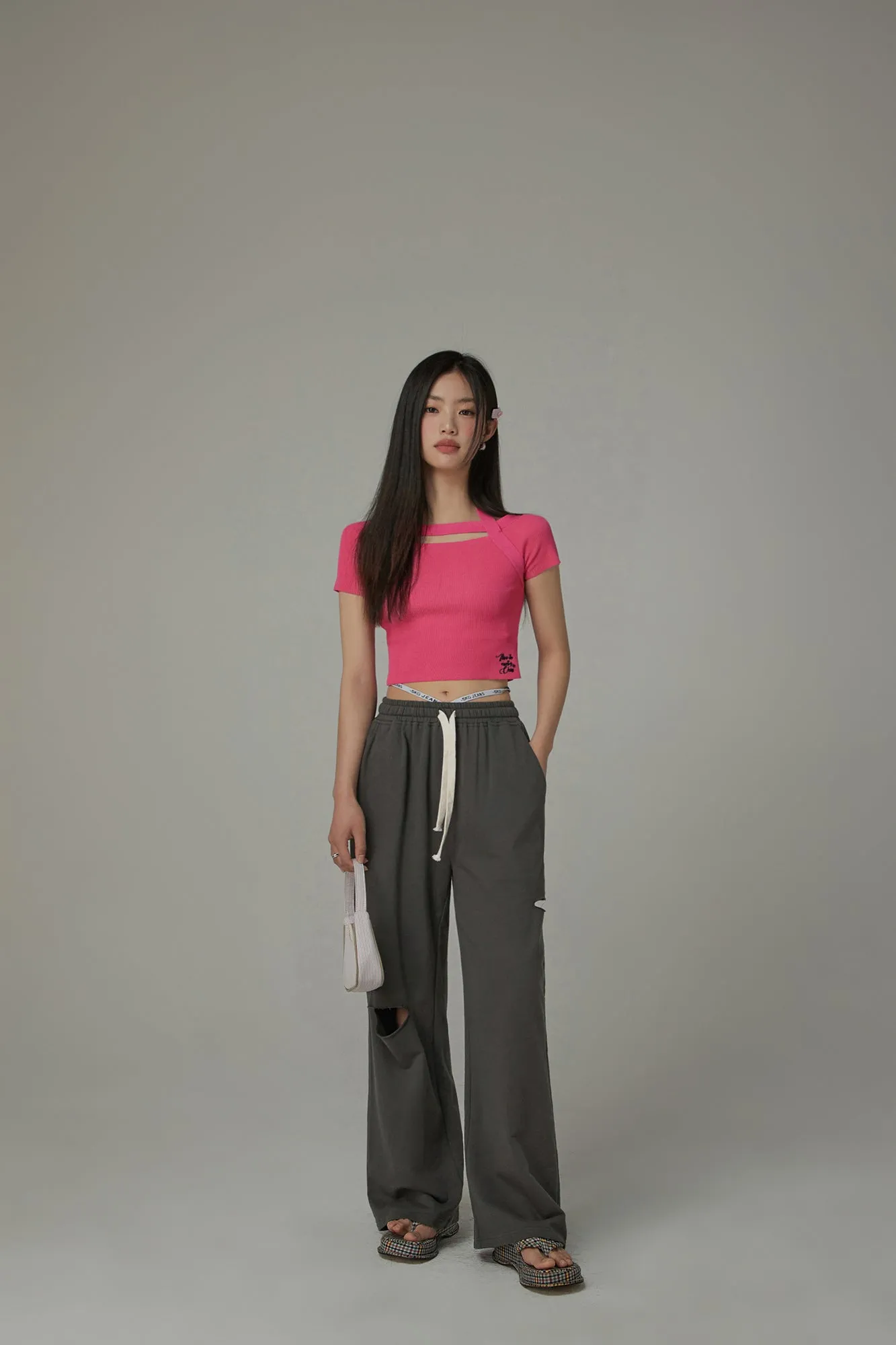 Halter Neck Banding Basic Short Sleeve Knit Crop Top