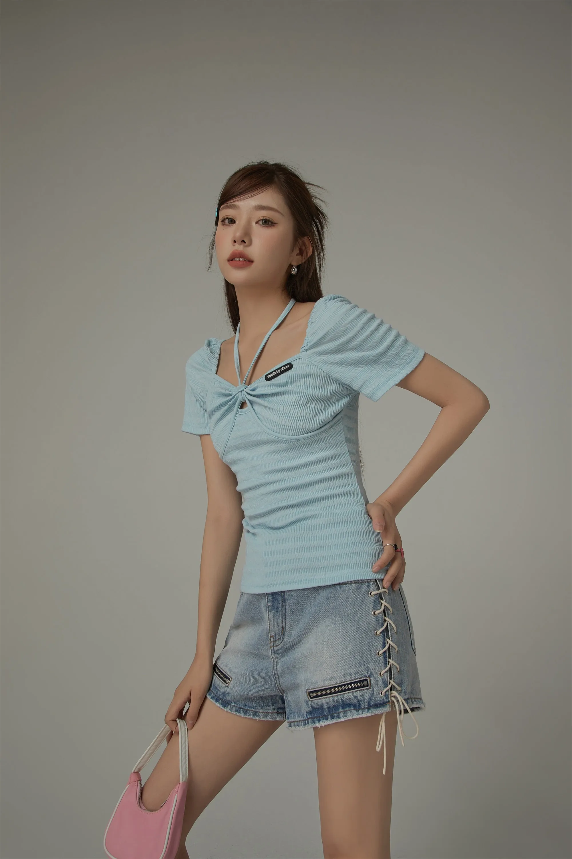 Halter Neck Striped Short Sleeve Top