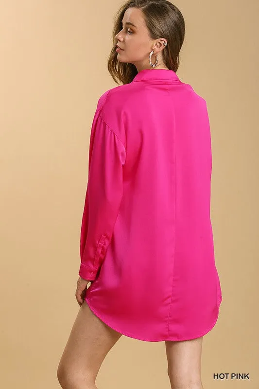 Hot Pink Satin Collar Button Down Long Sleeve Tunic Dress