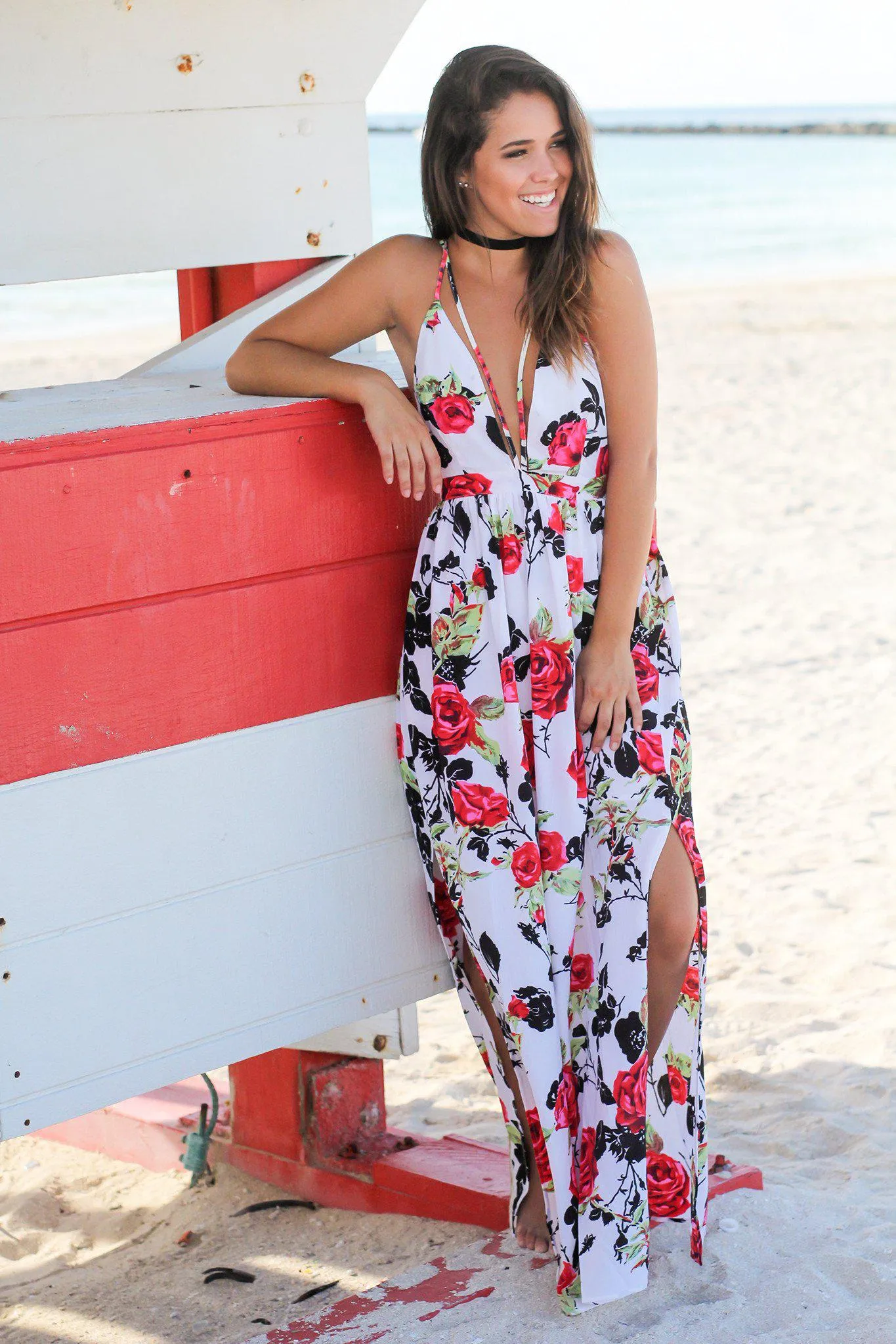 Ivory Floral Maxi Dress with Strappy Back