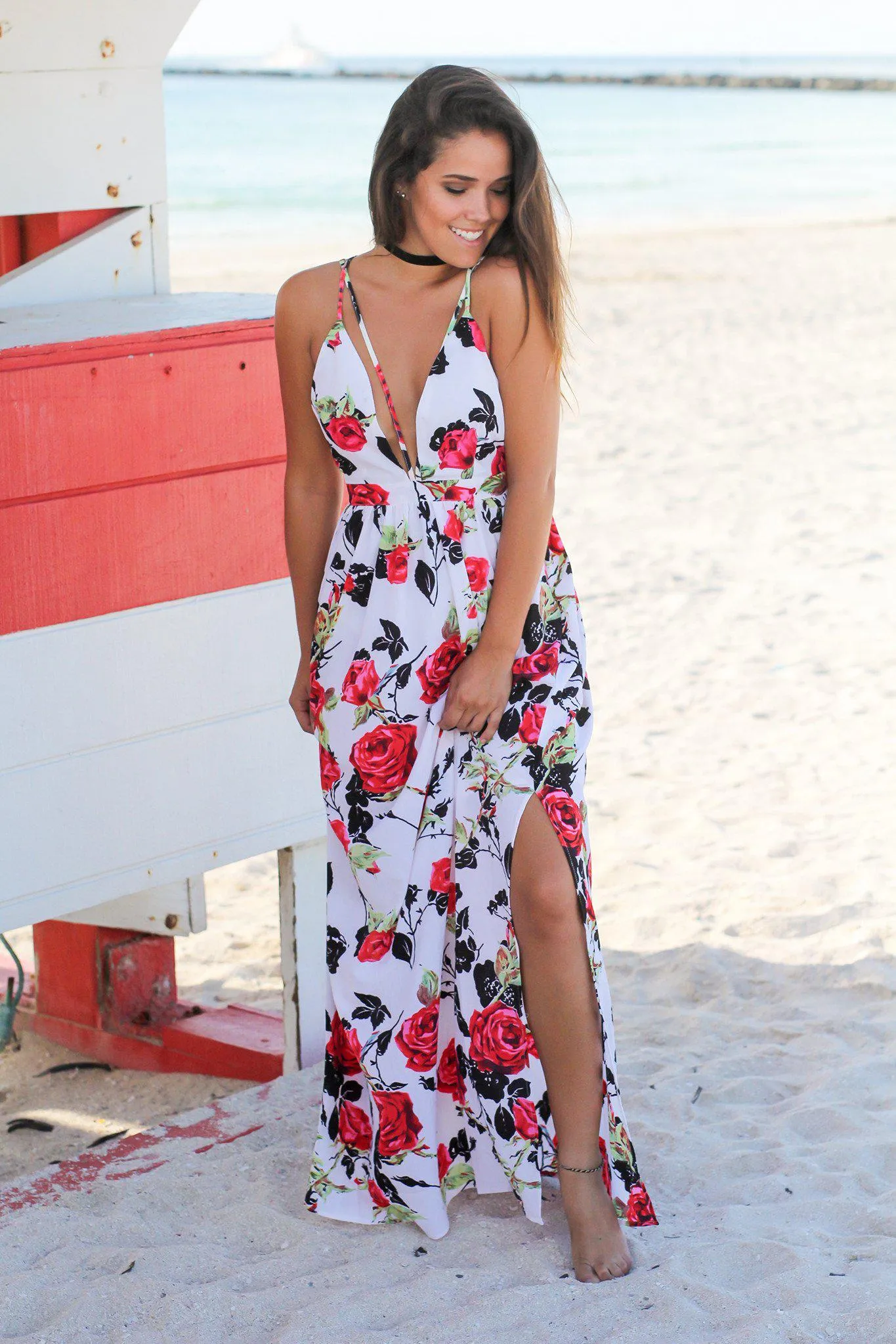 Ivory Floral Maxi Dress with Strappy Back