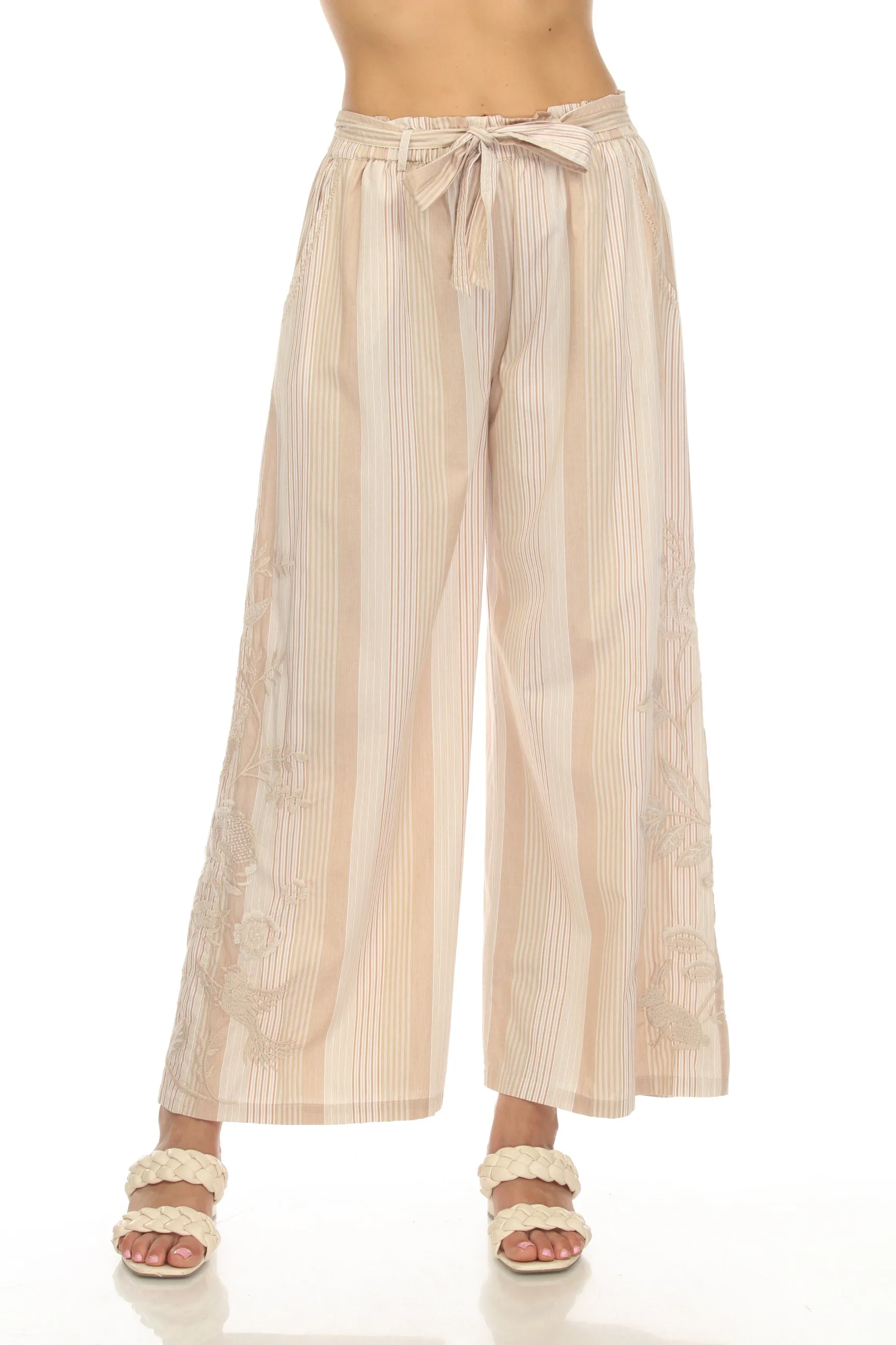 Johnny Was Workshop Harlow Stripe Paperbag Embroidered Wide Leg Pants Boho Chic W68923