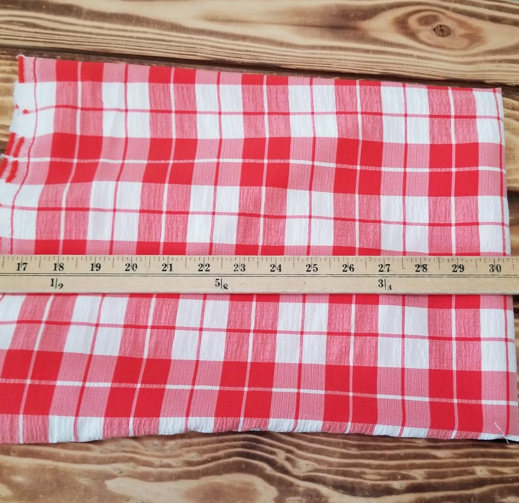 LA Finch 5 yard precuts: 5 yards of Designer Deadstock Apple Red Picnic Gingham White Textured Seersucker Poly Rayon Spandex Woven