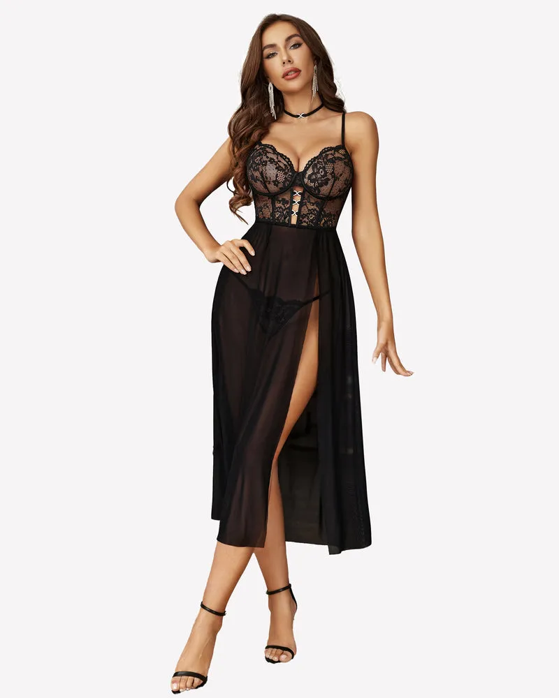 Lace Mesh Babydoll Side Split V Neck Nightgown