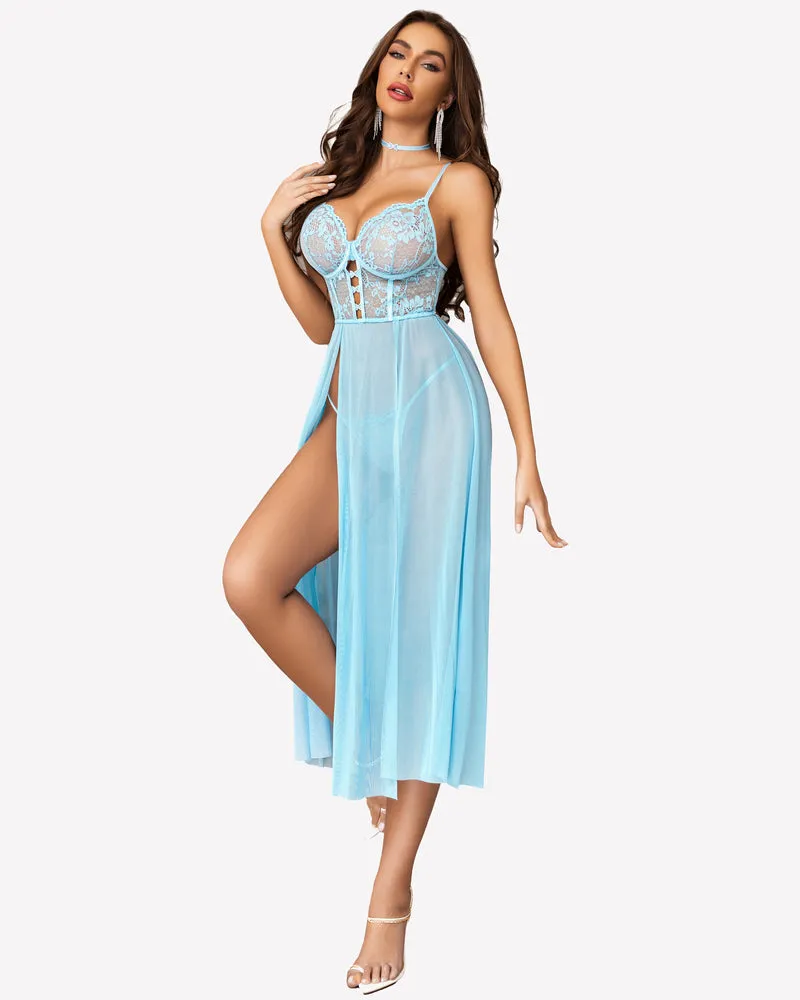 Lace Mesh Babydoll Side Split V Neck Nightgown