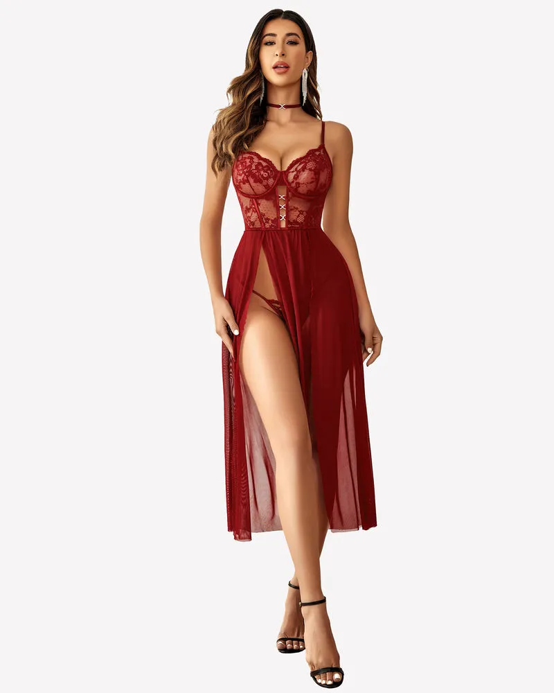 Lace Mesh Babydoll Side Split V Neck Nightgown