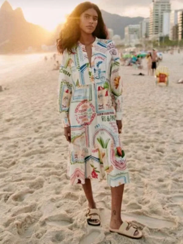 Letters Print Cotton-Linen Tunic Long Sleeve Vacation Dress