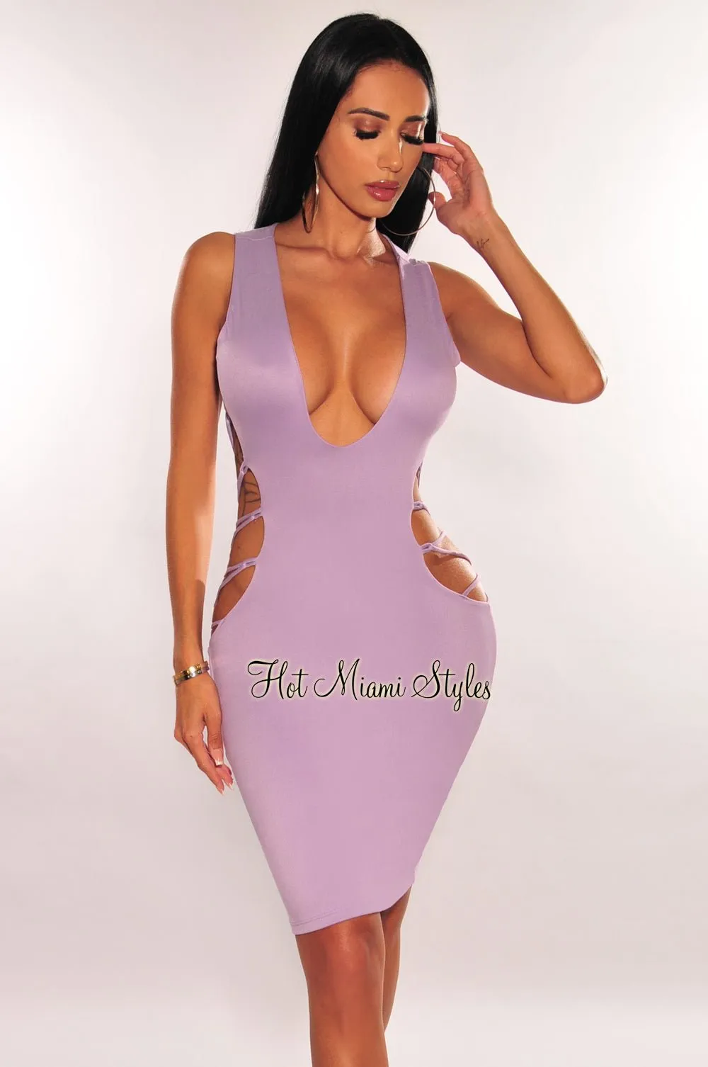 Lilac V Neck Sleeveless Strappy Open Back Dress