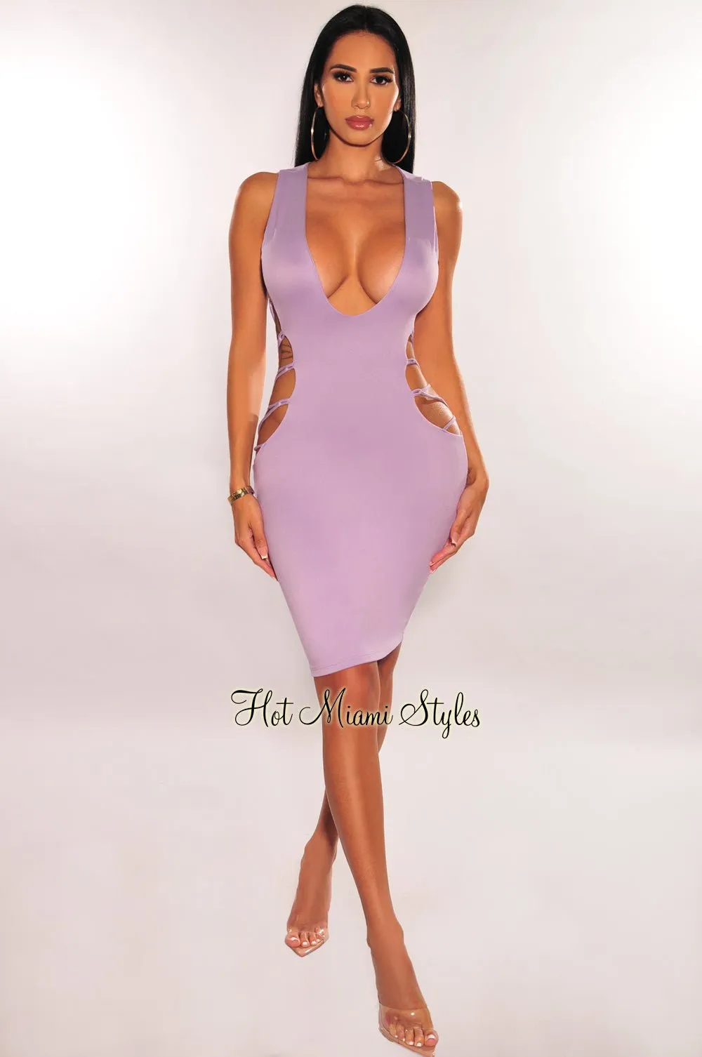 Lilac V Neck Sleeveless Strappy Open Back Dress