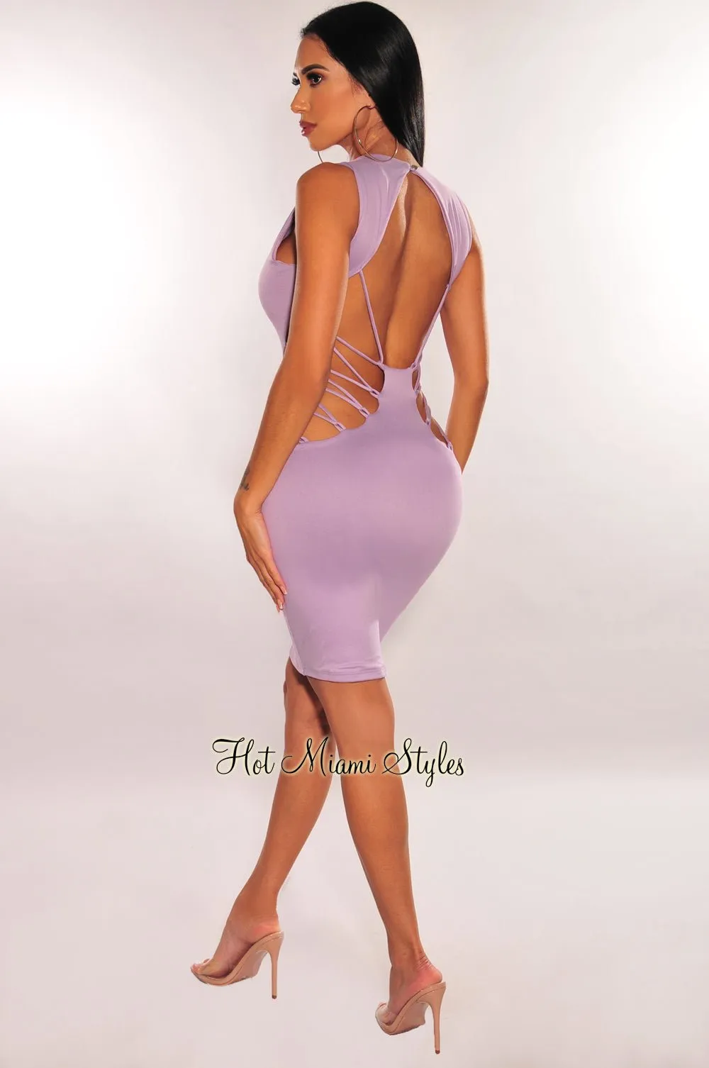 Lilac V Neck Sleeveless Strappy Open Back Dress