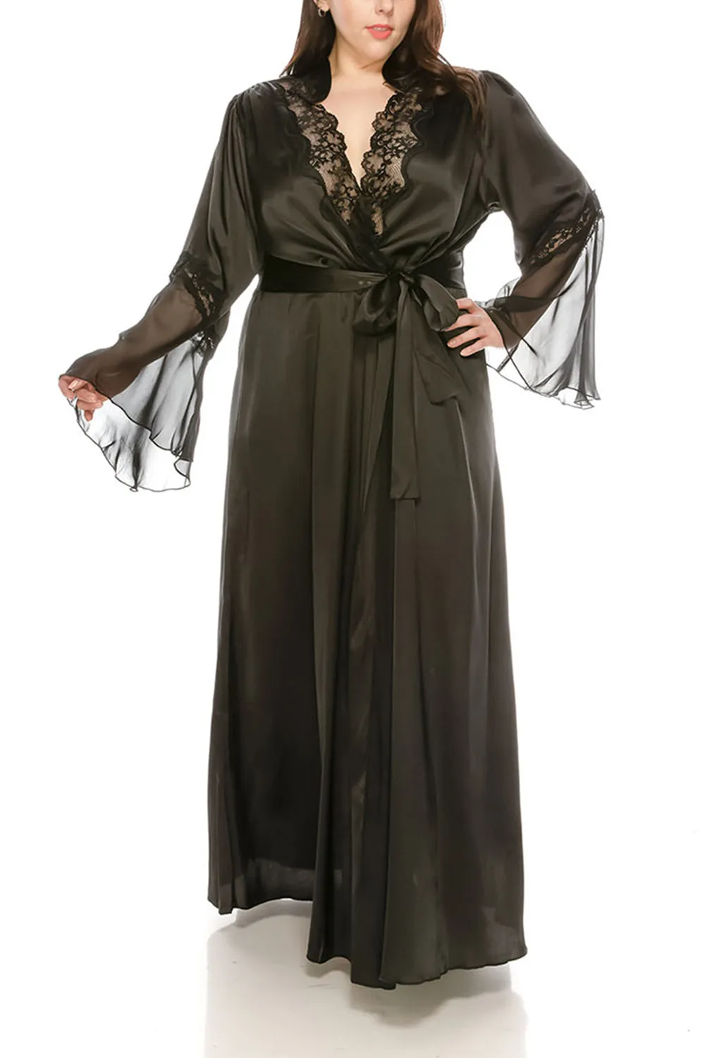 Long Satin Robes w/Lace for Plus Size Lingerie Silk Bathrobe Lounge Bridesmaid Nightgowns Sleepwear