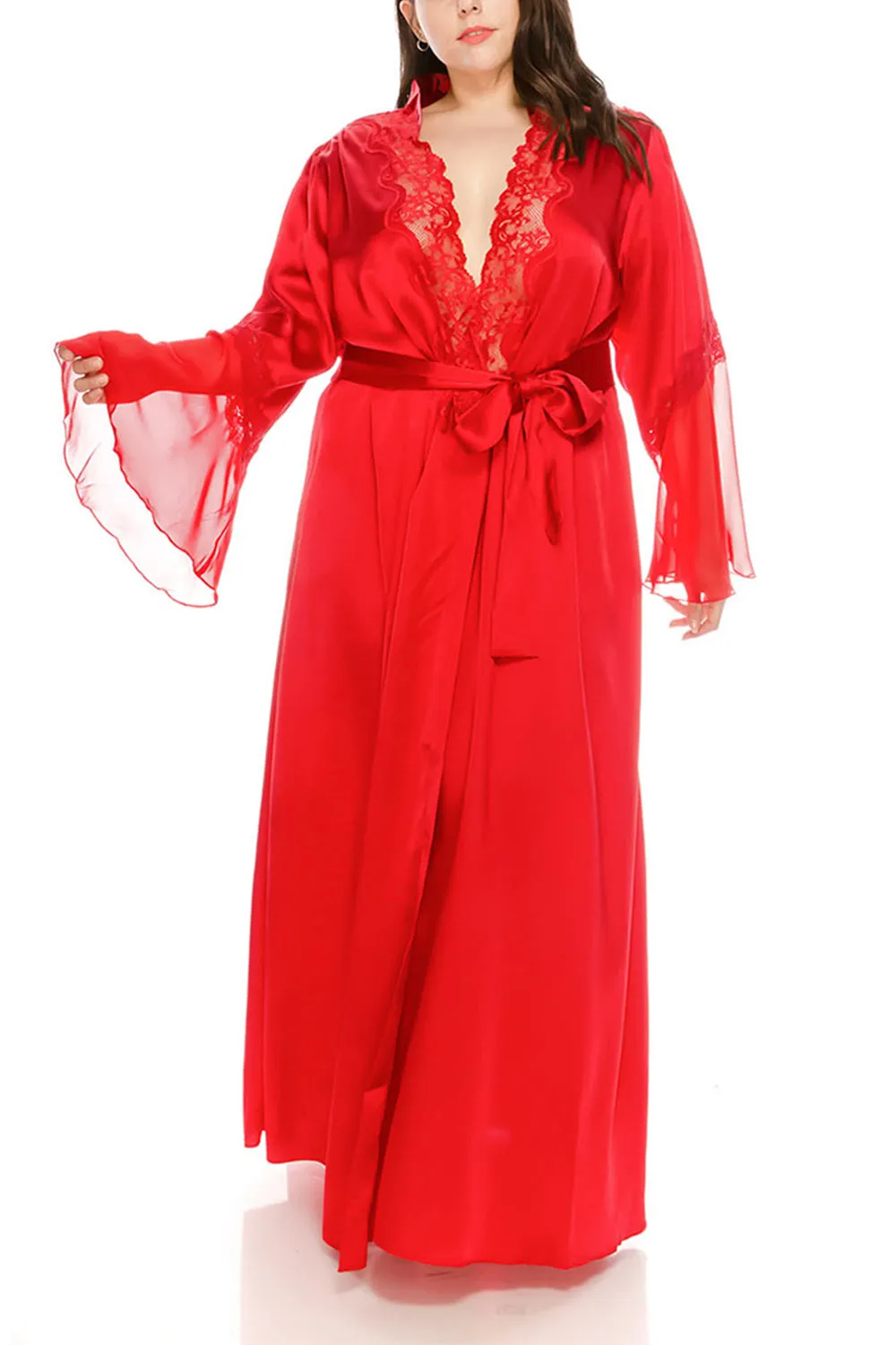 Long Satin Robes w/Lace for Plus Size Lingerie Silk Bathrobe Lounge Bridesmaid Nightgowns Sleepwear