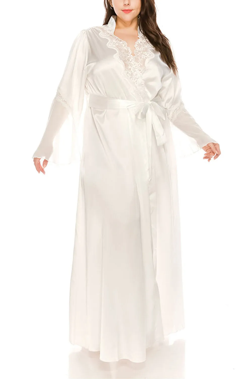 Long Satin Robes w/Lace for Plus Size Lingerie Silk Bathrobe Lounge Bridesmaid Nightgowns Sleepwear