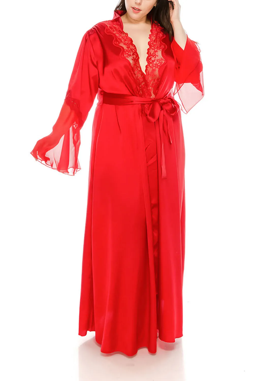 Long Satin Robes w/Lace for Plus Size Lingerie Silk Bathrobe Lounge Bridesmaid Nightgowns Sleepwear