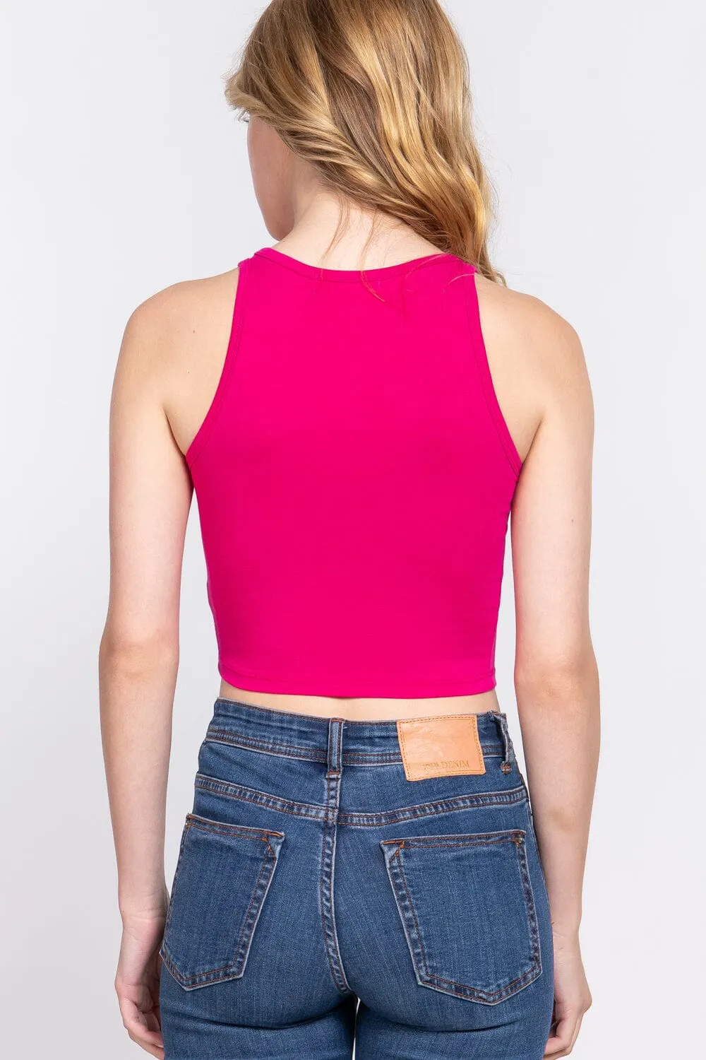 Magenta Sleeveless Racer Back Tank Tops Halter Neck Crop Tops_