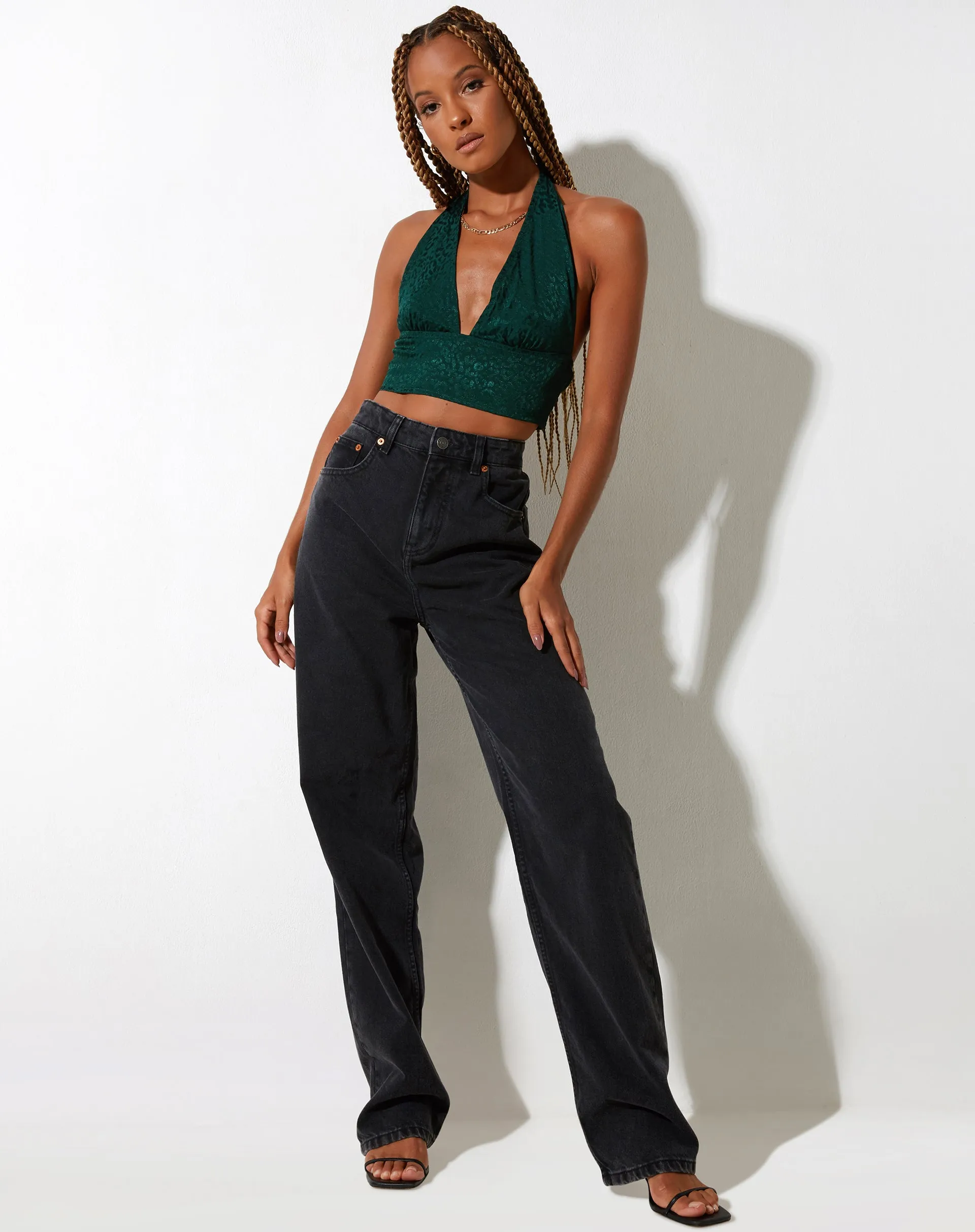 Nanda Crop Top in Satin Cheetah Forest Green