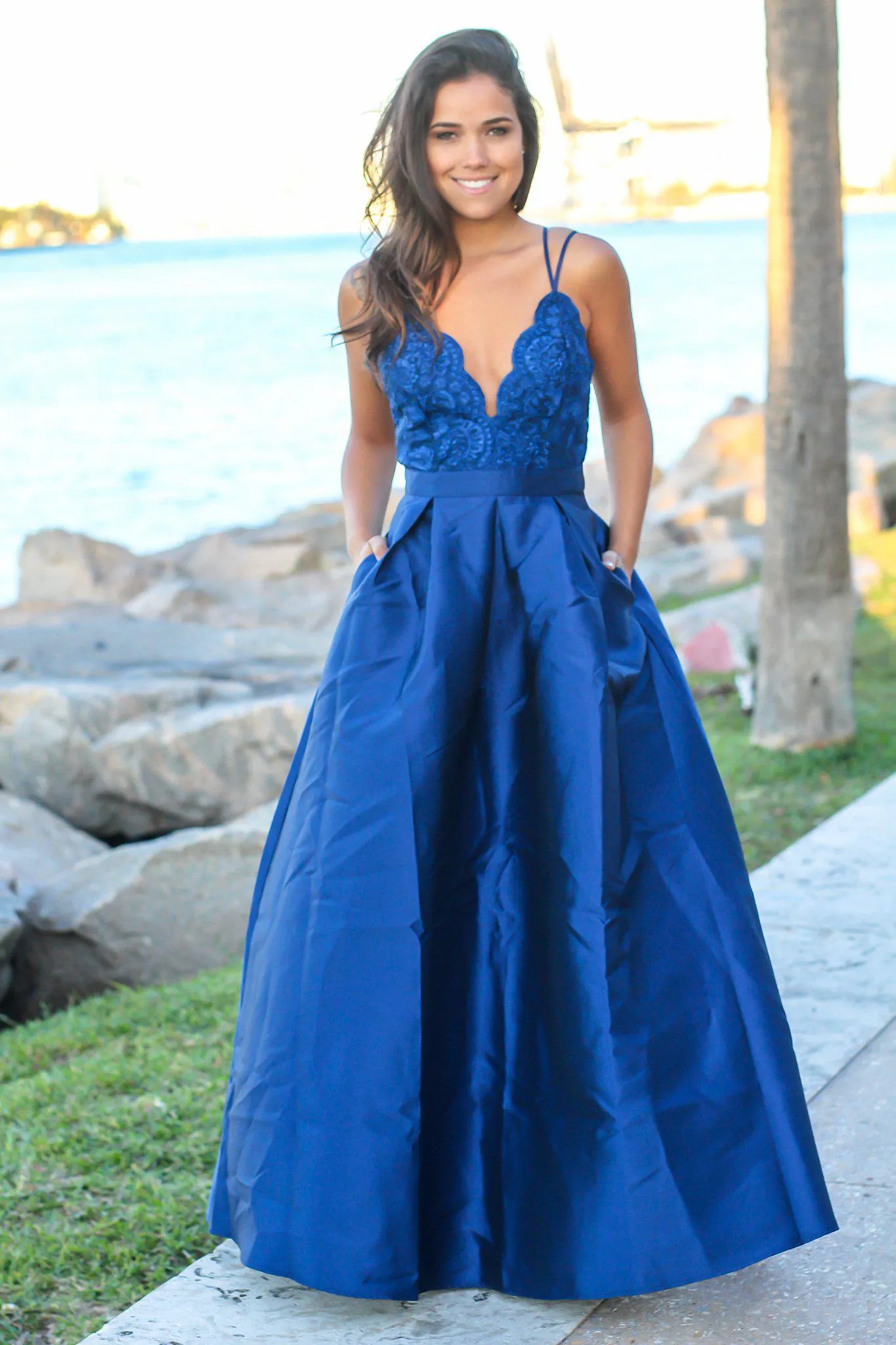 Navy Strappy Back Maxi Dress with Embroidered Top