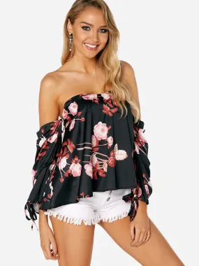 OEM ODM Off The Shoulder Floral Print Lace-Up Long Sleeve Black Blouses