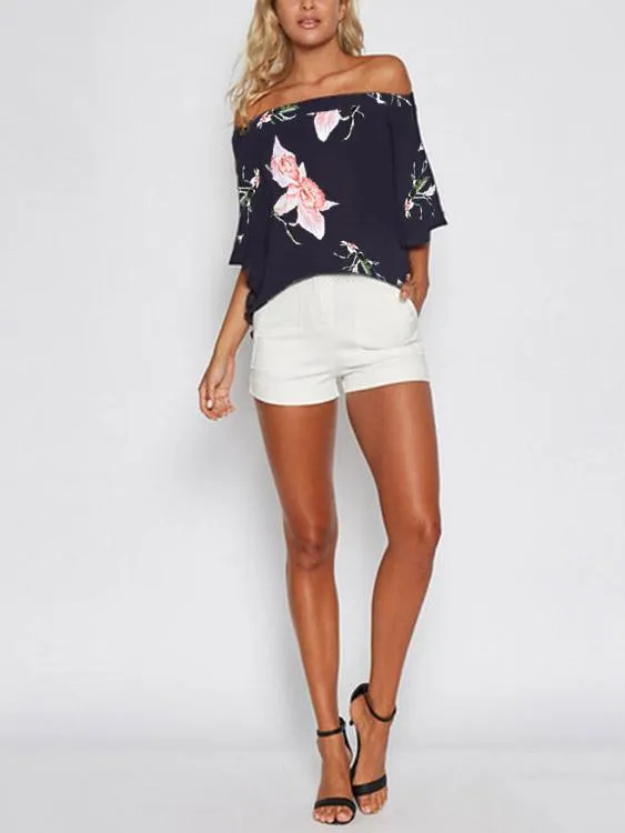 OEM ODM Off The Shoulder Floral Print Slit 3/4 Sleeve Irregular Hem Navy Blouses