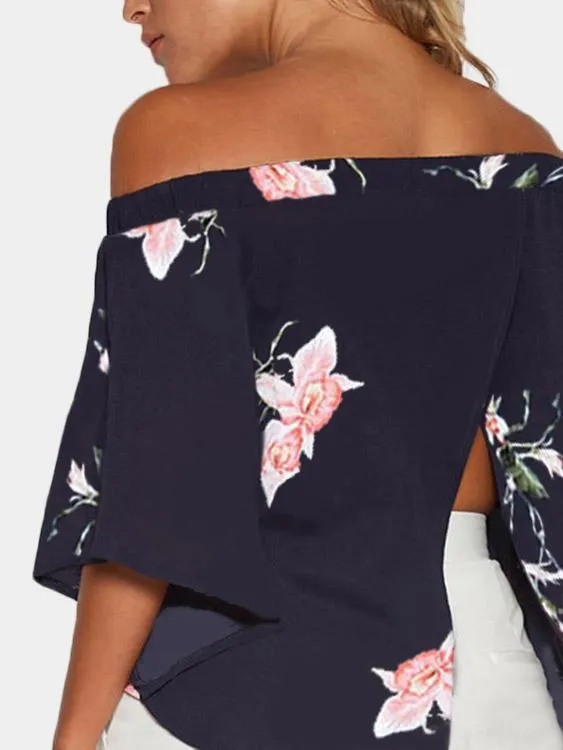 OEM ODM Off The Shoulder Floral Print Slit 3/4 Sleeve Irregular Hem Navy Blouses