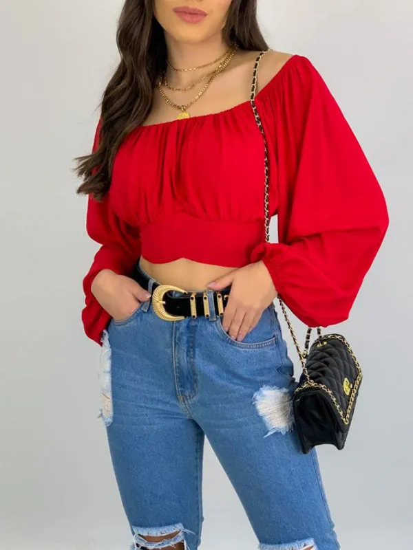 Off-Shoulder Balloon Sleeve Crop Top for Women - Blouse