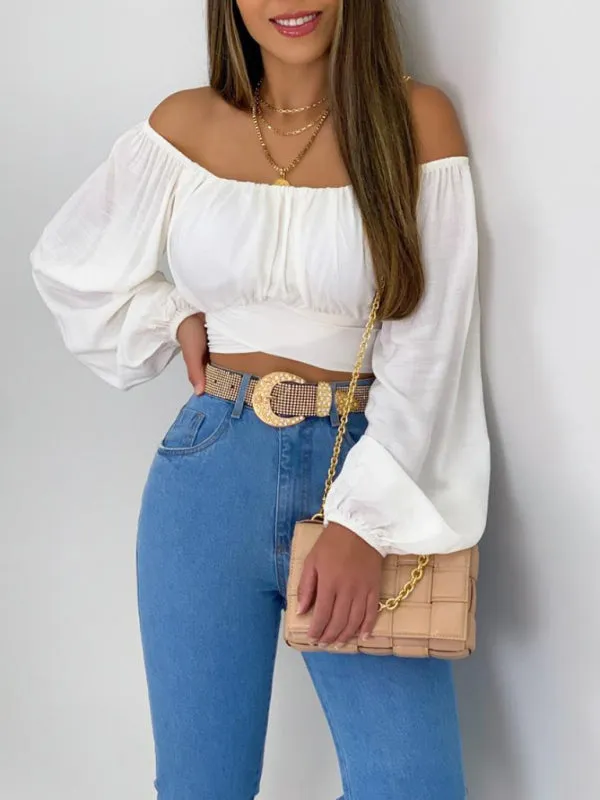 Off-Shoulder Balloon Sleeve Crop Top for Women - Blouse