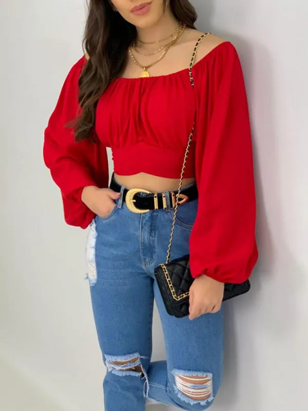 Off-Shoulder Balloon Sleeve Crop Top for Women - Blouse