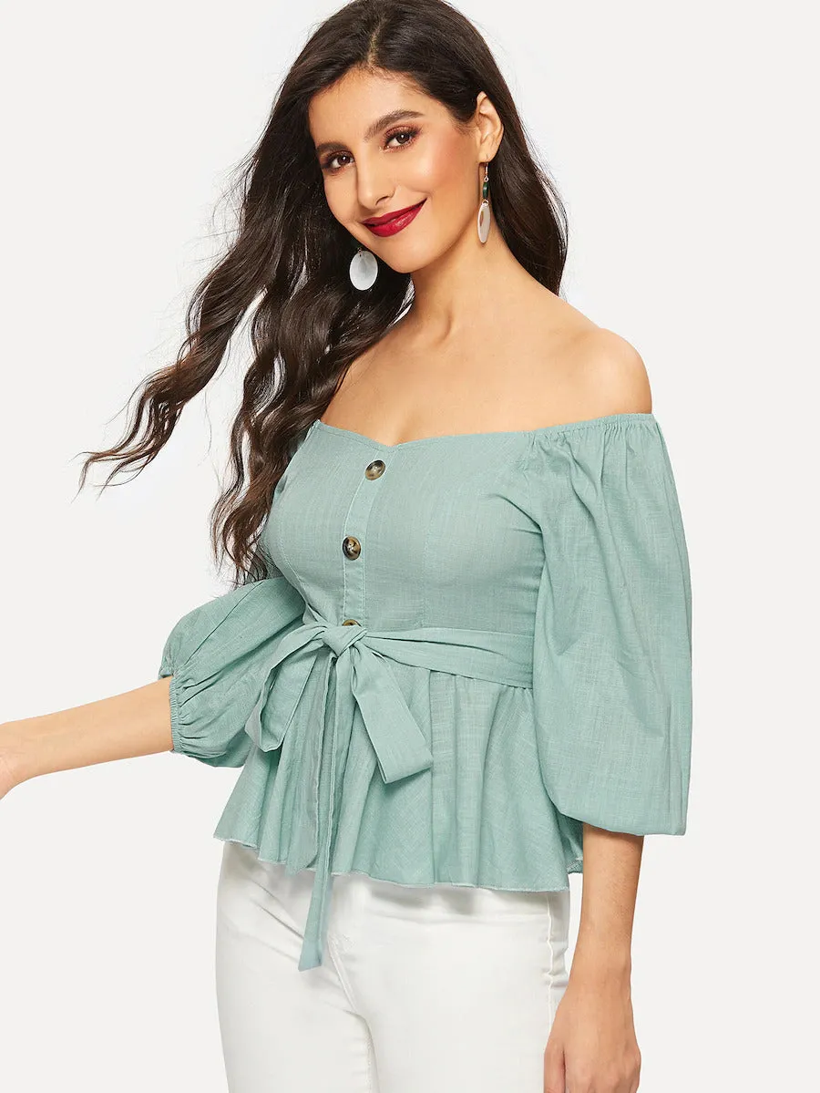 Off Shoulder Tie Wast Peplum Top