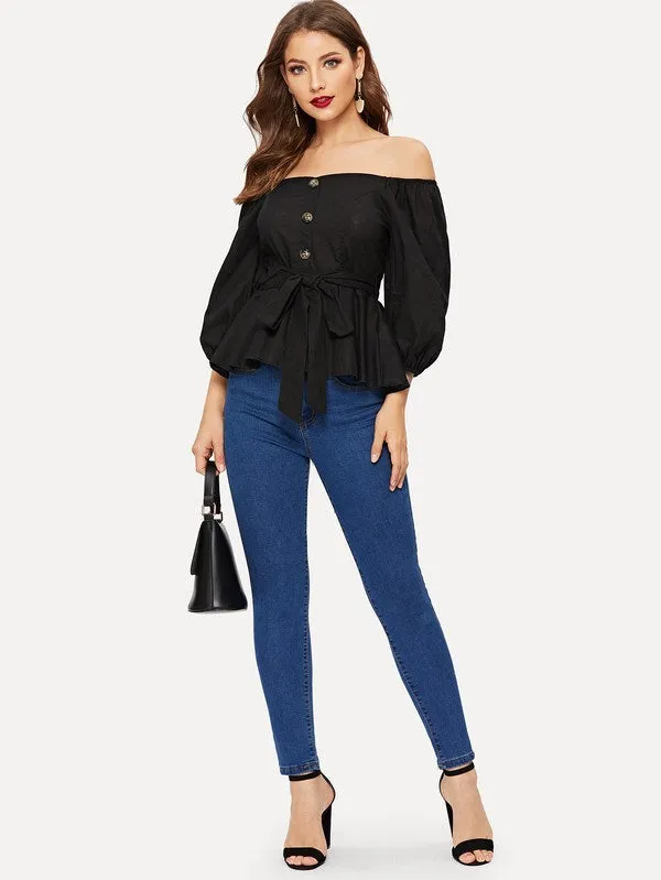 Off Shoulder Tie Wast Peplum Top