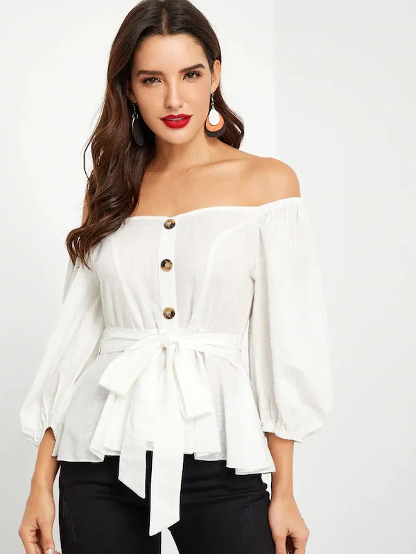 Off Shoulder Tie Wast Peplum Top